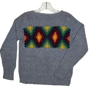 Handmade Vintage Bobble Knit Sweater Multicolor Geometric Boho 70s Style small